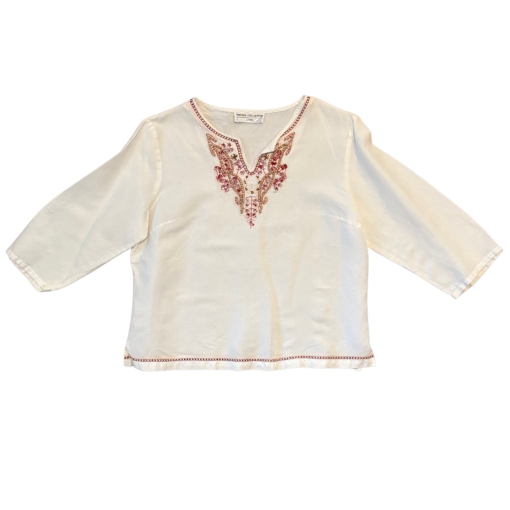 Linen Boho Top Blouse Embroidered Beaded Cream 3/4 Sleeve Natural Collection